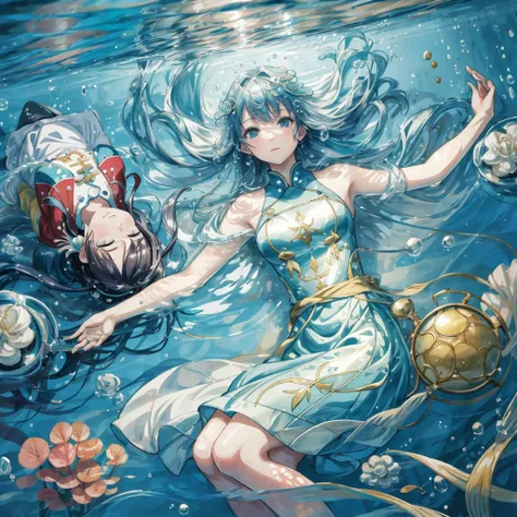  abstract background,( illustration:1), Masterpiece, highest quality, 精巧な顔と目 , in the seat, Physics of Hair Underwater ,Air bubbles, Light Transmitted Through Water , reflections ,Lying on Water ,Separate the water layer、It's swimming towards the viewers