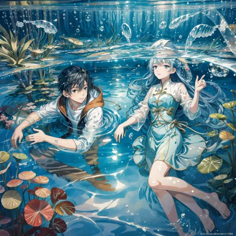  abstract background,( illustration:1), Masterpiece, highest quality, 精巧な顔と目 , in the seat, Physics of Hair Underwater ,Air bubbles, Light Transmitted Through Water , reflections ,Lying on Water ,Separate the water layer、It's swimming towards the viewers