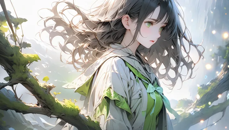 One young woman in a miniskirt,full body, holding the cold air with a pensive expression, feels both anxious and strong. An atmosphere of quiet reflection and hope hangs over her. There is an expression of determination on her face. The soft and delicate s...