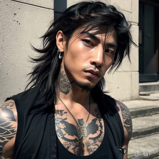 1 man, Japanese man, male, Asian eyes, muscular, broad shoulders, yakuza tattoos, hairstyle Visual Kei style, hair Visual Kei, black men's shirt and black pants, ultra detailed face and eyes, hyperrealistic, realistic representation, long hair, long hair, ...