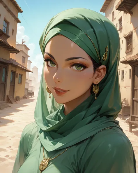 An Afghan woman in traditional Afghan attire and a hijab, depicted in an anime style. The background portrays a desert town during the Soviet invasion of Afghanistan, with Soviet tanks present. Her expression is bold, and the perspective is from her point ...