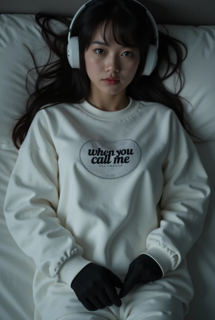 A girl with Asian features with dark eyes and dark hair lying in her bed wearing white headphones and a loose white sweatshirt that has an emblem on her torso with the phrase "when you call me" Wearing black gloves. Song cover, dim lighting, high angle, no...