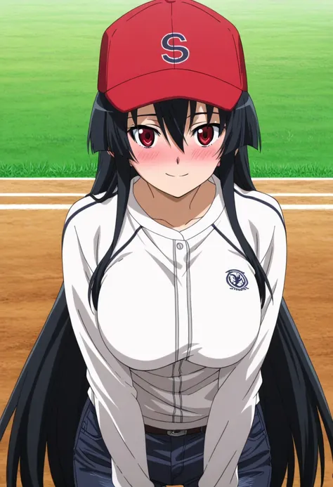 masterpiece, best quality, very aesthetic, anime screencap,1girl, solo, large breasts, blushing, looking at viewer, from front,smile,akame, long hair, black hair, red eyes, hair between eyes,wearing a baseball jacket, jeans, and a baseball cap, anime style...