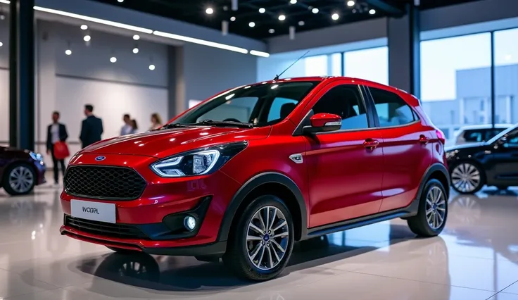 2025 (Ford Figo) in (red )colour standing in showroom The side View