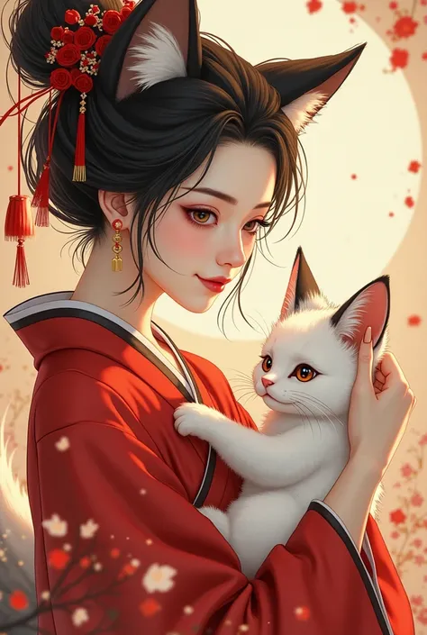 a close up of a woman in a red dress holding a white cat, a beautiful fox lady, a beautiful kitsune woman, kitsune, kitsune three - tailed fox, onmyoji detailed art, onmyoji, fox nobushi, japanese art style, artwork in the style of guweiz, by Yang J, ancie...