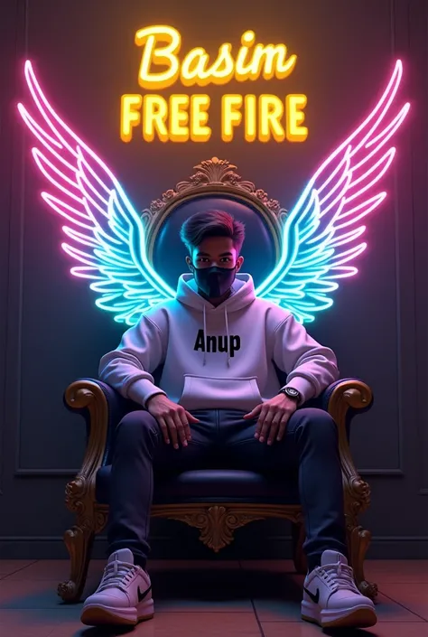 A 20-year-old sits majestically on a throne, exuding regal confidence. Adorning his back are magnificent neon wings, casting a vibrant glow against the dimly lit background. Above the wings, on the wall, the name “Basim” gleams in neon hues, while below it...