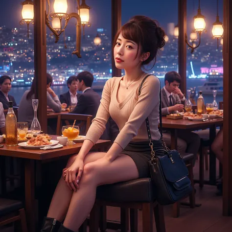  high image quality、Atmospheric Perspective、8k、 super detailed、correct、 highest quality、(( angle from below ))、woman、 droopy eyes 、 sleepy face、blush、Around town、congestion、 skirt、 high boots 、 shoulder bag、 necklace、Club with big windows、Seated、(Other gue...