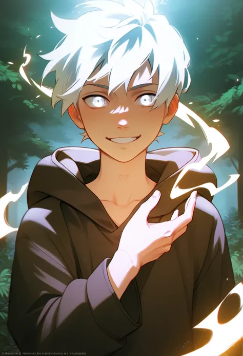 a young boy 15yr,messy short white hair,smile,sharp gaze glow white eyes,from front,power fire bender,in forest ,wearing brown hoodie and white long pant,perfect face,hd,4k,8k,dynamics lighting,perfect lighting,realistic,perfect shadow