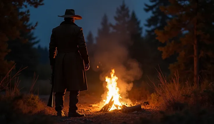 The image shows a man standing in front of a campfire in a forest at night. He is wearing a cowboy hat and a long coat, and is holding a rifle in his right hand. The campfire is burning brightly in the center of the image, with the flames reaching up towar...