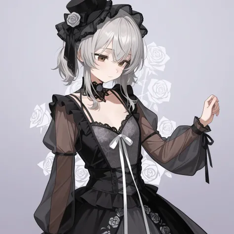 Lace chest,Rose Background,Gray Hair, Disrespectful Eyes, brown eyes,Lolita dress , white ribbon, twin tails, medium hair