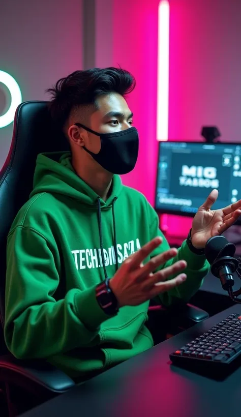 1. Person & Attire: A young man with dark hair and neatly styled hair is sitting in a gaming chair. He is wearing a green hoodie with white text reading "TECHSUNSAI.24" A black face mask covers his nose and mouth A black smartwatch is on his left wrist. 2....