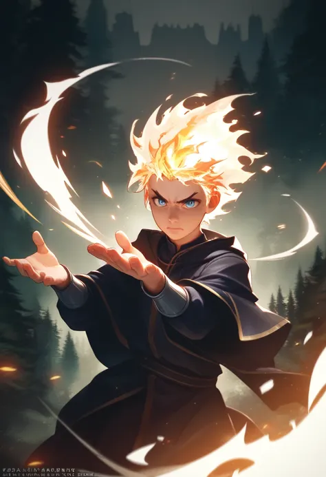 a young boy 15yr,messy short fire hair,angry,sharp gaze glow blue eyes,fire hair,from front,power white magic,pose emitting magic,in forest broke castle,wearing robe dragon armored,perfect face,hd,4k,8k,dynamics lighting,perfect lighting,realistic