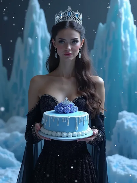 Visual Description:  Background: Moody purple backdrop with icy elements (icicles, icebergs, and frost-covered textures) creating a mystical, frozen ambiance. Central Figure: A regal woman wearing a black sequined gown and a shimmering crown, symbolizing s...