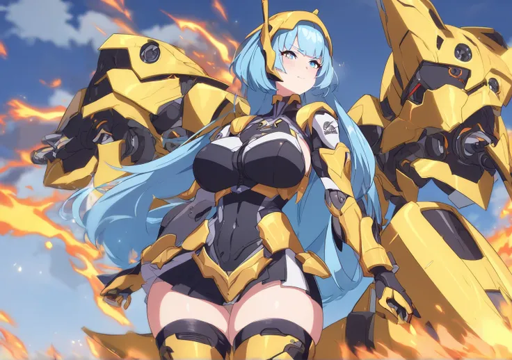 A highly advanced android adult woman with human skin, blue choppy short blue neon hair. Yellow armour fit with black accents for her machinary gear, blue short skirt. Fueled with playful demeanor like a golden retriever. Standing with fiery determination,...