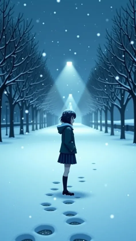 "A heavy snowstorm blankets a quiet park on a freezing winter night. Thick snowflakes fall relentlessly, obscuring the distant streetlights and casting a ghostly haze over the scene. At the center of the image stands a 14-year-old Japanese girl, her dark h...