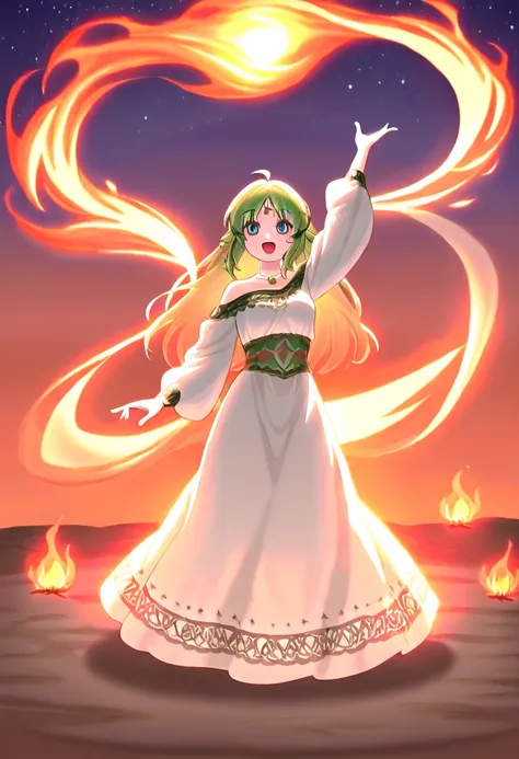 A dancer in traditional ethnic attire performs a lively dance around a bonfire, the intricate embroidery on their costume shimmering under the warm glow of the flames. The fire casts a cozy light, illuminating the grassy plains that stretch out into the ni...