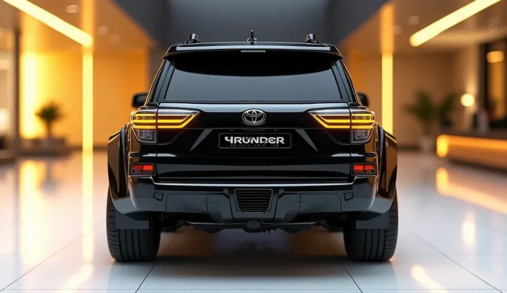 create an ultra-detailed 3D render view , of a modern 2025 Toyota 4Runner with a bold design captured from  back bumper view. The saden should feature a 'black  ' color with a '4Runner   ' logo on its back bumper, a large white detailed grille like long le...