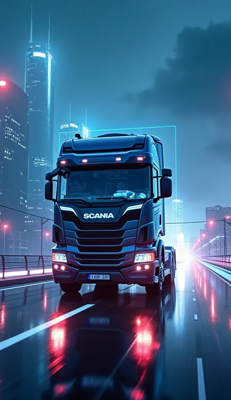 "8k realistic photo of a metallic blue Scania R770 far in the background on a futuristic American road with digital overlays, cinematic vibe, ultra-HD."