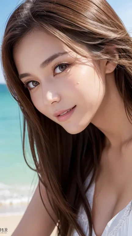  top quality, masterpiece, ( realistic:1.2), Two beautiful and beautiful women ,  brown hair,  brown eyes,Front,  detailed face ,  beautiful eyes, They are having fun on the beach. They look like they&#39;re having a lot of fun playing on the beach .  They...