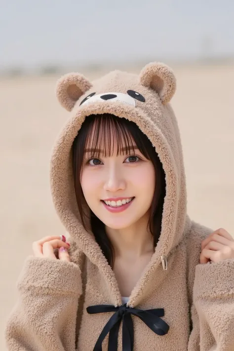  Super Fine、 up of her face 、 and she has a smile showing her teeth, I'm wearing a bear hoodie,The background is the plains、   high image quality、細部にわたって  high image quality,I'm wearing a 