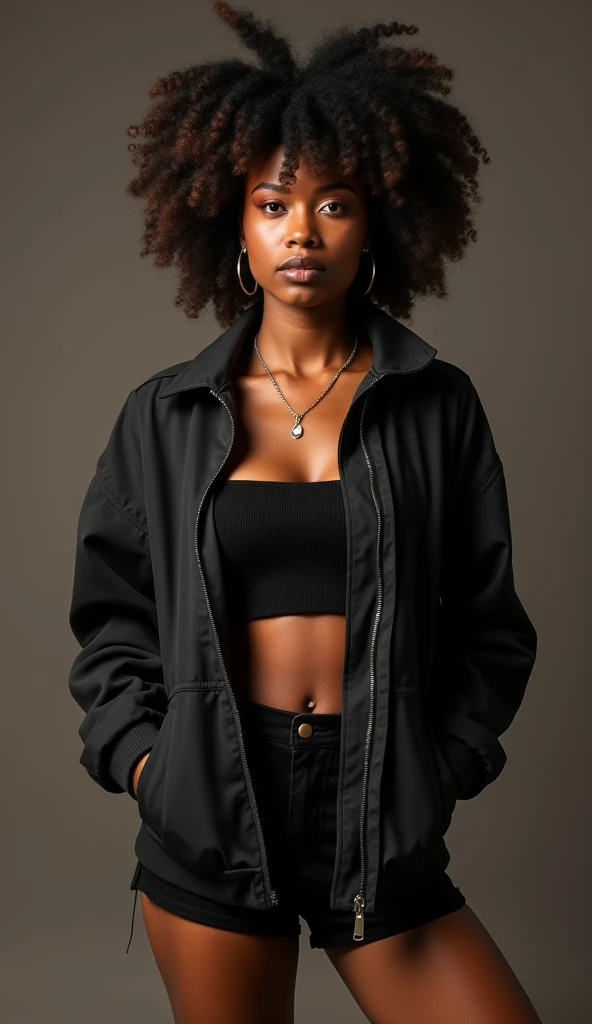 A black woman wearing modern clothes, almost a rapper, and a short skirt. , brownish gray background studio  