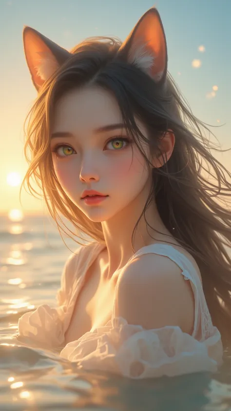  a high-quality masterpiece ， showing a girl bathing in the sun on the beach，The wind blows her long hair 。 She has striking green eyes 、 cat ears、 and fine eye detail 。