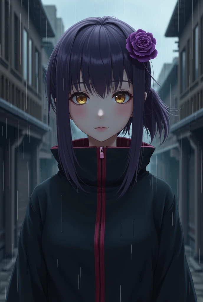 Realistic, A 20 year old Japanese girl,dark purple one bun hair,light purple rose flower decoration in hair, yellowish eyes,light purple eye shadow,a black long-sleeved robe with a high collar covering the neck and has a red zipper,white skin,zoom camera, ...