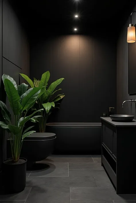 Make a picture 8k, high resolution, and realistic of a bathroom with a few plants in it with black decor all over at night with a light on the ceiling 