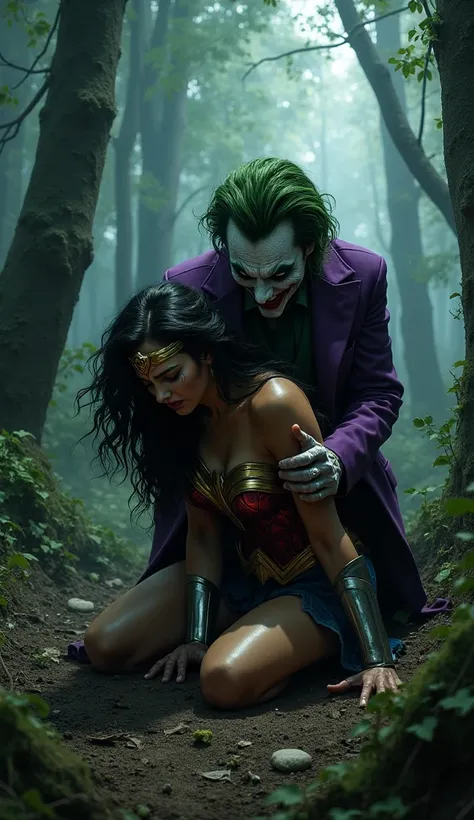 Wonder woman crying on ground and trying to escape but joker is pulling her panty from behind inside a forest 