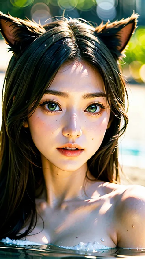  a high-quality masterpiece ， showing a girl bathing in the sun on the beach，The wind blows her long hair 。 She has striking green eyes 、 cat ears、 and fine eye detail 。