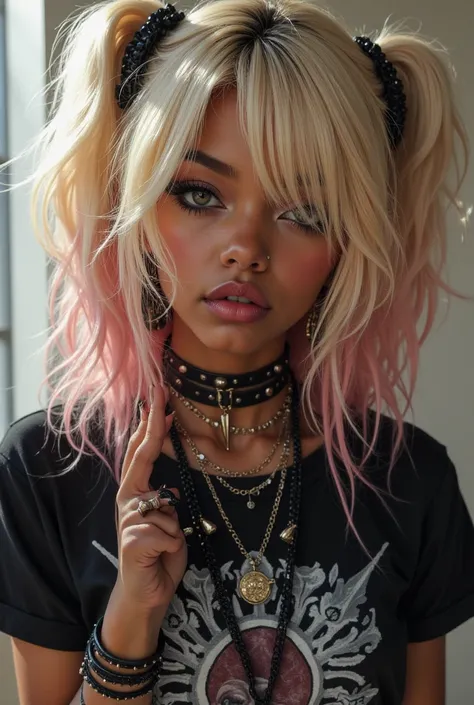 ager,  biracial, black woman,  german, dark caramel skin tone, poofy hair, eyeliner, emo, emo makeup, goth, knee high socks, band shirt, spiked bracelets, a lot of accessories, blonde hair with pink highlights,Hair over  one  eye, Emo makeup style, 2d