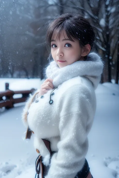 (8k, RAW photo, photorealistic, HQ, masterpiece), a cute Japanese girl,(glowing eyes), from side, profile, 
(laugh), brown hair, fluffy Pixie Bob hair, large breasts, (Stylish winter outfits), 
standing pose, Seductive pose, (snowstorm:1.5),(Snowy winter n...