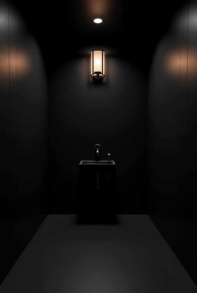 Make a picture 8k, high resolution, and realistic of a normal bathroom with black decor all over at night with a light on the ceiling 