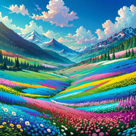 anime Beautiful colorful flower field scenery Pastel color flower field, mountains, blue sky, white clouds, diverse flowers, colorful, scenery, nature, beautiful, high resolution