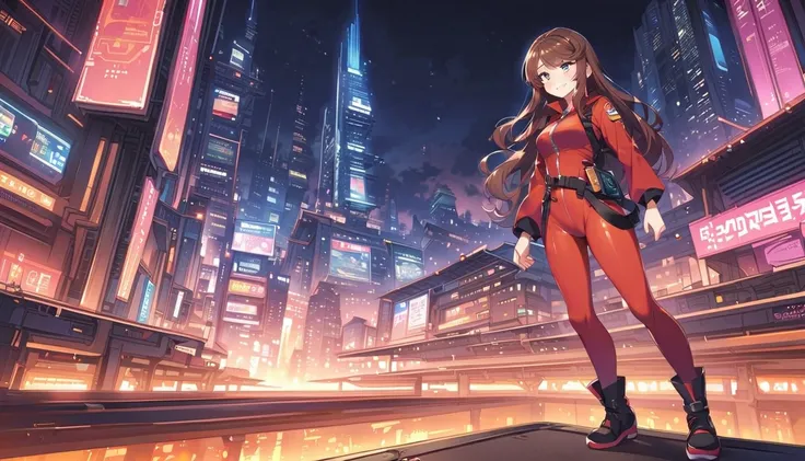 Traveling girl, grinning, overconfident, red bodysuit, front parted hair, blue eyes, confusion, full body, slightly lowered zipper, super magnetic belt, cyber city, grand atmosphere, outdoors, downward, pleasant breeze