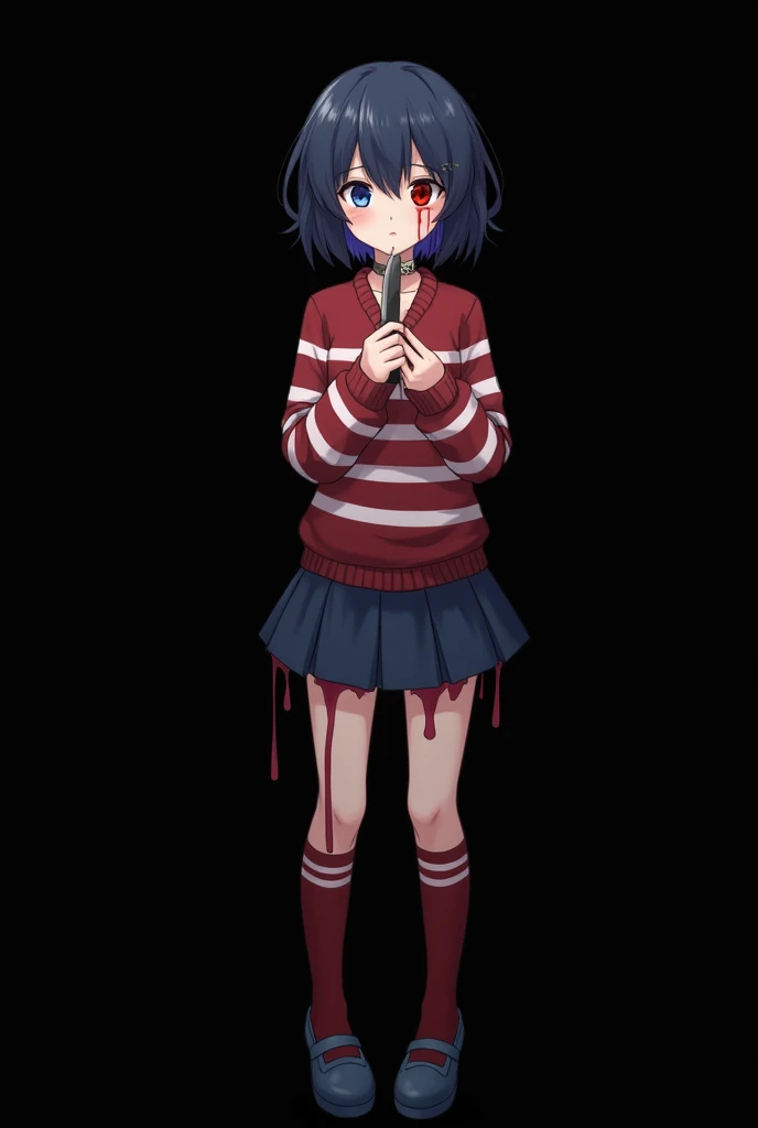 The image features an anime-style girl standing with a mysterious yet hopeful expression, despite visible damage.

The full-bodied anime girl in the picture is dressed in a red and white striped long-sleeved sweater, a short blue pleated skirt, and red thi...