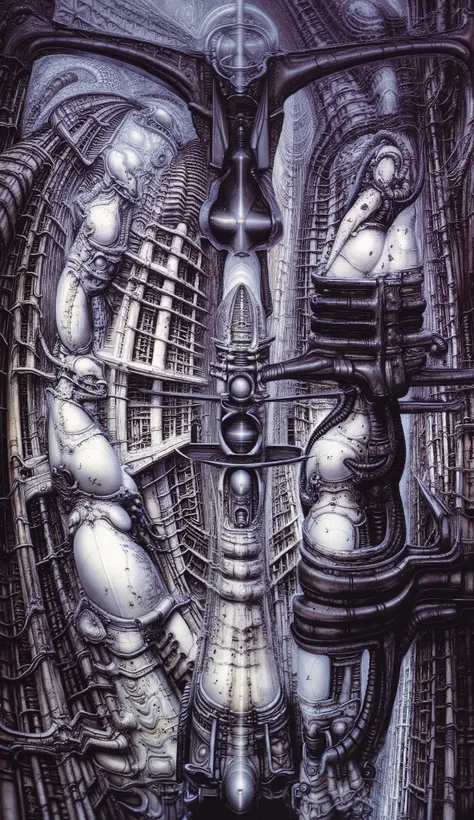 Please reproduce the original image as accurately as possible, capturing the intricate details of the biomechanical structures, the dramatic lighting, and the overall sense of unease. The final image should evoke the same sense of awe and dread as the orig...
