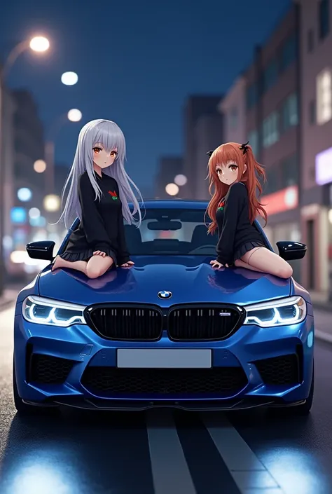 Three 3D anime girls sit on the hood blue BMW m5 f90 competition dark blue BMW against the background of the city at night on the street 4K photo The first girl should stand in the middle in a sexy position with white silver hair in a black miniskirt and a...