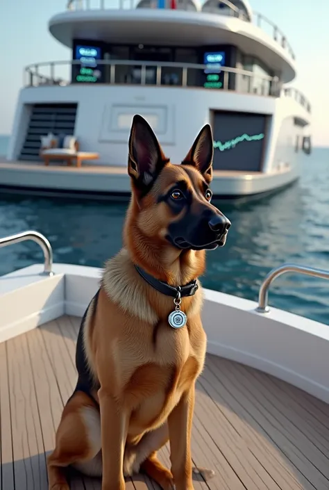 Calm German Shepherd waiting on his yacht while the graphics of his meme coin go up the meme is called YEICO