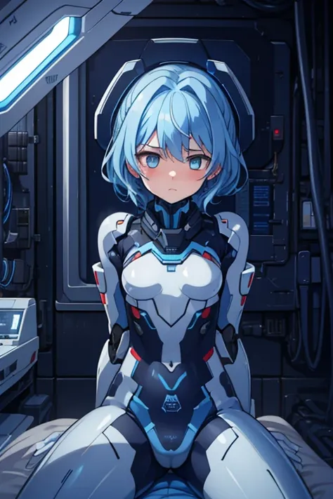  sitting on the edge of a bed
I'm wearing a pilot suit to fly a white and blue robot
Inside the dim laboratory
futuristic machine
BODYLINES
blue hair/ Light blue hair,   medium hair up to buttocks,  1 girl , chest,Anxious, anxiety, Frightened face, 