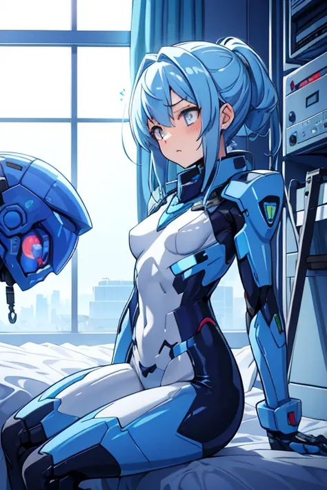  sitting on the edge of a bed
I'm wearing a pilot suit to fly a white and blue robot
Inside the dim laboratory
futuristic machine
BODYLINES
blue hair/ Light blue hair,   medium hair up to buttocks,  1 girl , chest,Anxious, anxiety, Frightened face, 