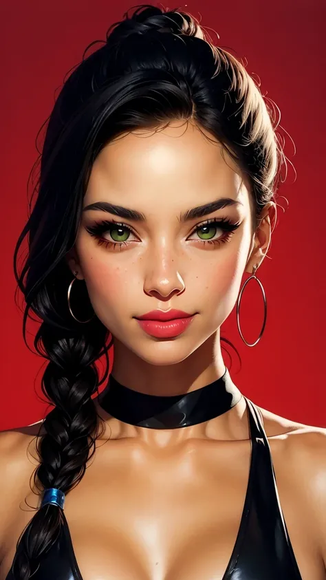 Amazing portrait of a sexy woman wearing her black braided hair, moans, soft lips, parted, blushing intensely, smiling, sexy revealing clothes, medium chest, perfect body, 