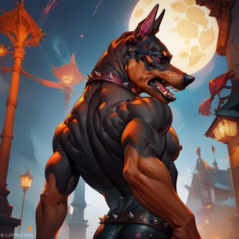  Create an image that shows a black Doberman with pointed ears and red eyes . It is a strong and slender dog .  In the image you can see the dog's muscles .  The background is a street where you can see the moon at the end that illuminates the dog from beh...