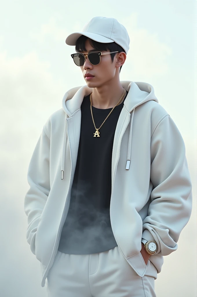 Korean male, snapback putih,  sunglasses,  gold necklace letter A ,  white watch , white hoddie , black t-shirt,  half body ,  on white smoke background.