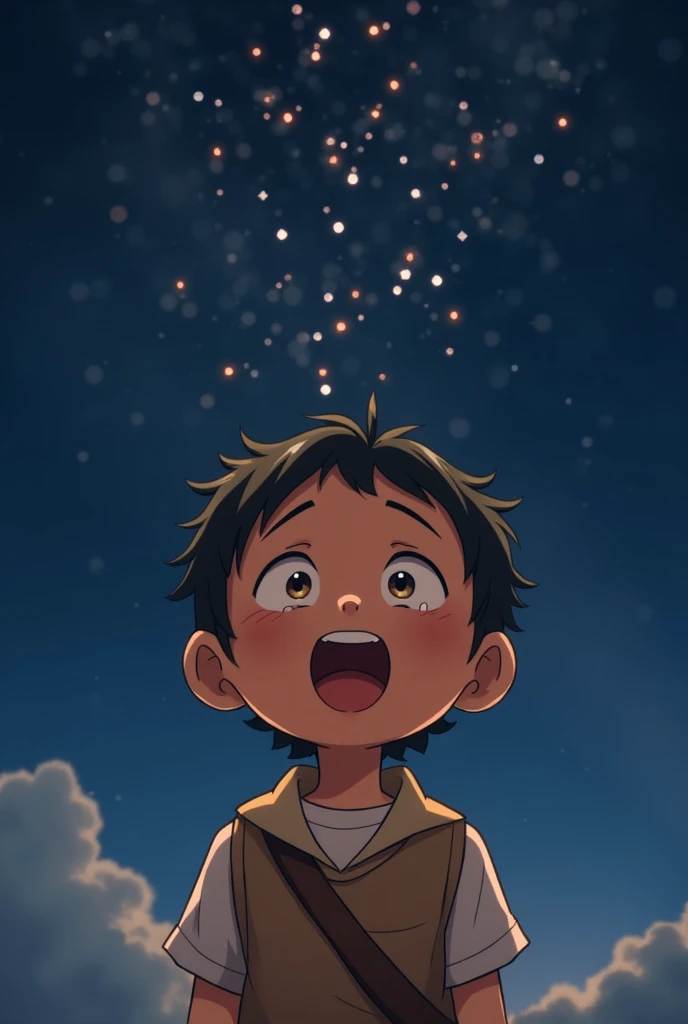 Tiko with tears of joy as he sings a small but heartfelt note, stars twinkling above.