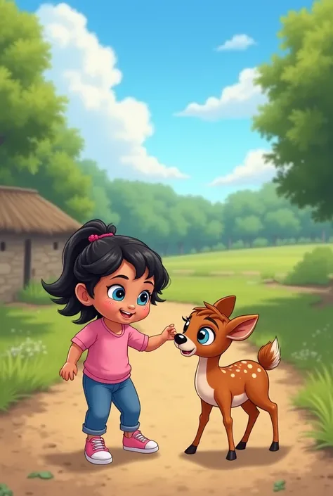 A three-year-old girl, Isra, with black hair, blue eyes, a curious expression, wearing a pink shirt, blue pants, and pink shoes, is happily playing in a rural village. Beside her is a gentle brown deer named Geet, playfully nuzzling her hand. The backgroun...