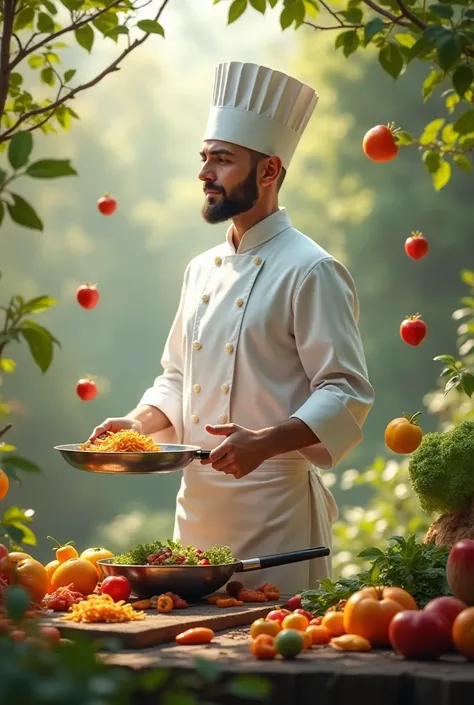 A mobile chef, a frying pan, a meditation knife, with vegetables and fruits floating.