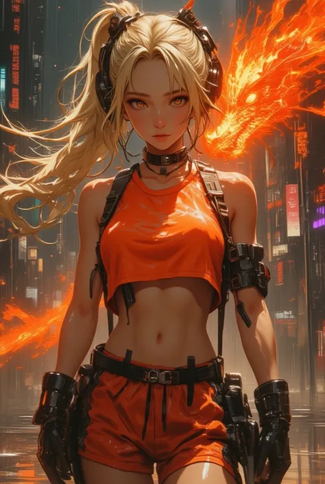 cyberpunk girl future cyberpunk young score_9, fight with red fire dragon score_8_up, score_7_up, score_6_up, score_5_up, score_4_up, realistic style, photo, photorealistic, high detail, sharp photo, beautiful blonde, wet orange top, wet sport shorts, rain...