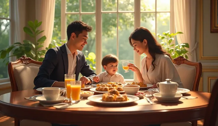 A small rich family eating breakfast in the beautiful and bright room 