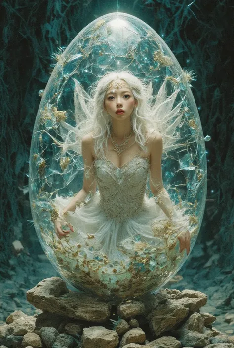 A beautiful fairy escaping from a tall, shattered, sparkling glass egg. She has long White hair with a Pink hairline accent, a jeweled headband, and a dress adorned with swirling Surrealist patterns and glowing particles in turquoise, blue, and gold. Anxio...